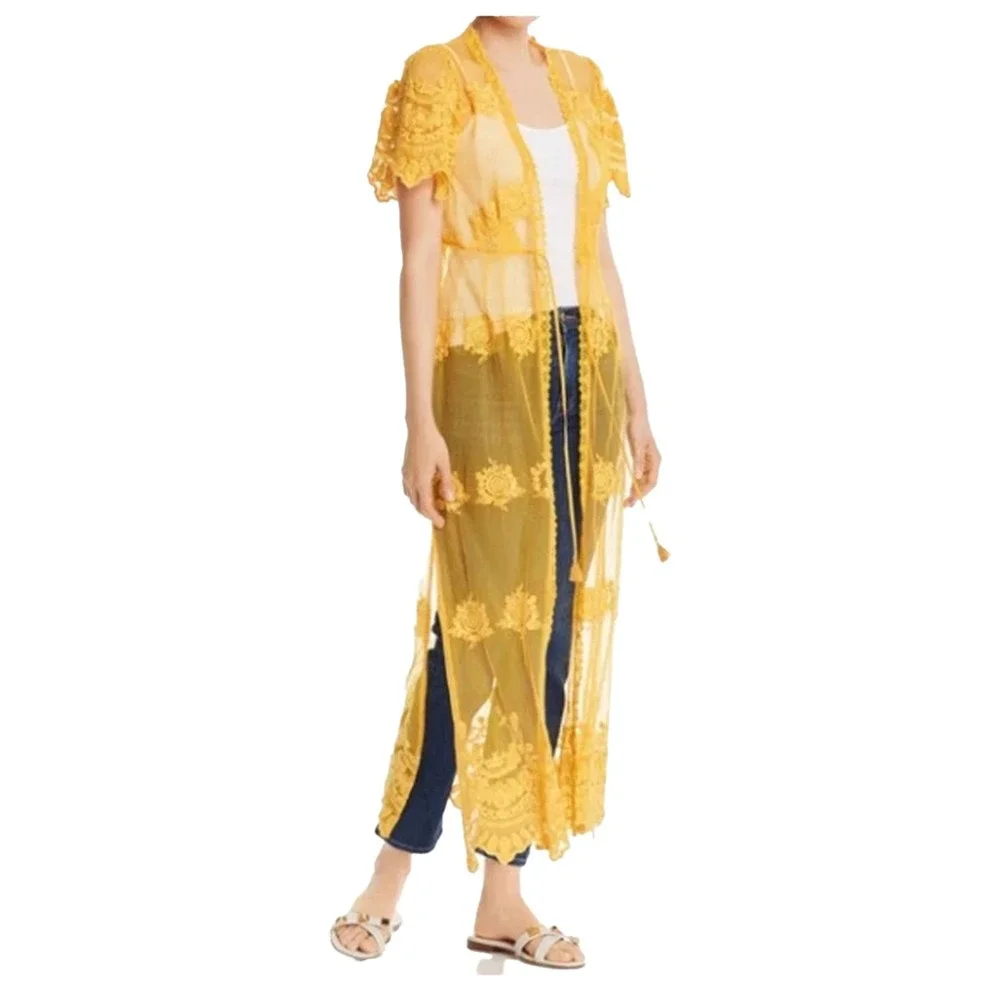 Aqua Sheer Lace Maxi Cardigan Boho Whimsigoth Coquette Festival‎ Yellow Women M